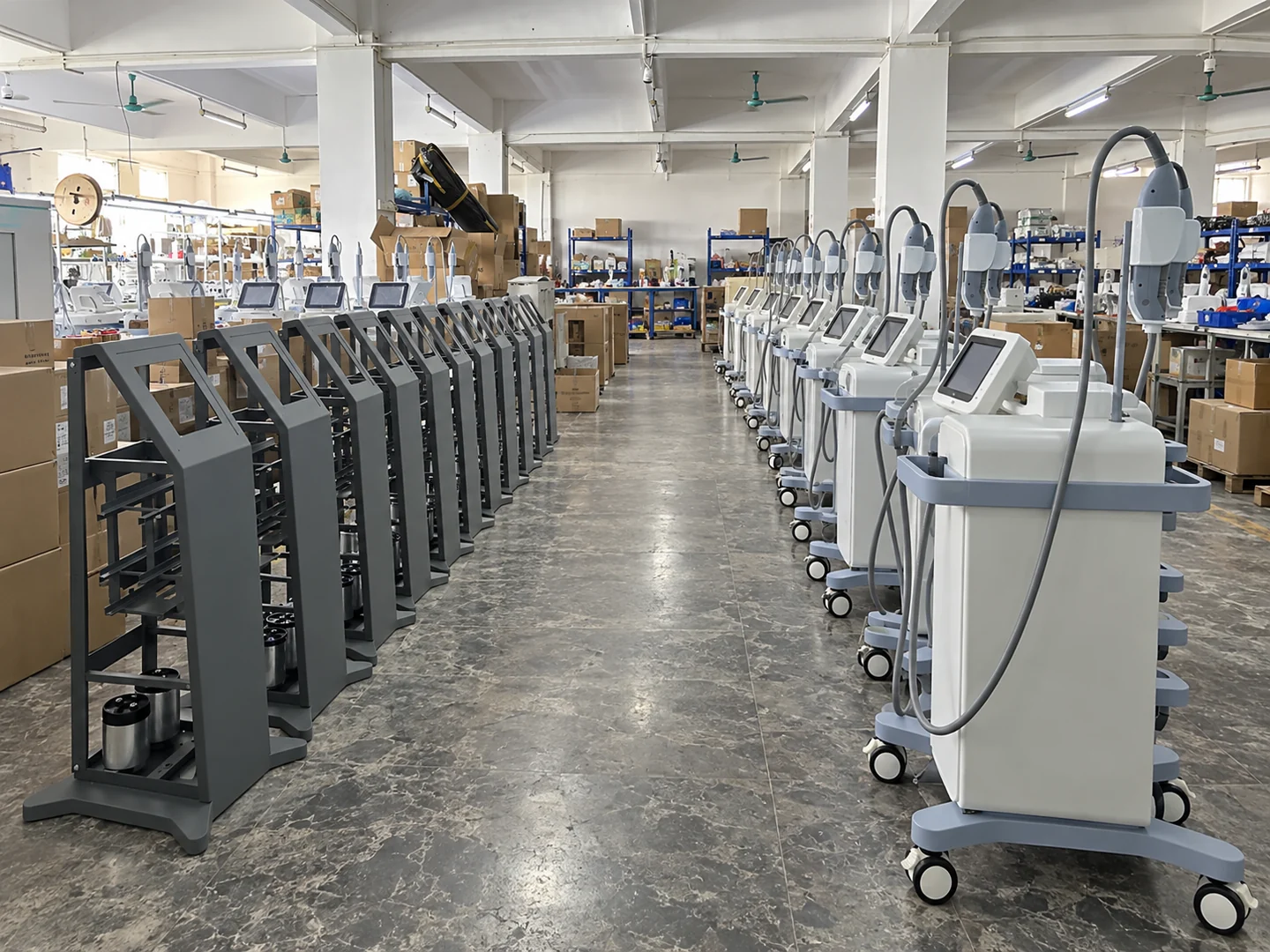 Professional aesthetic devices arranged for functional testing in a manufacturing facility
