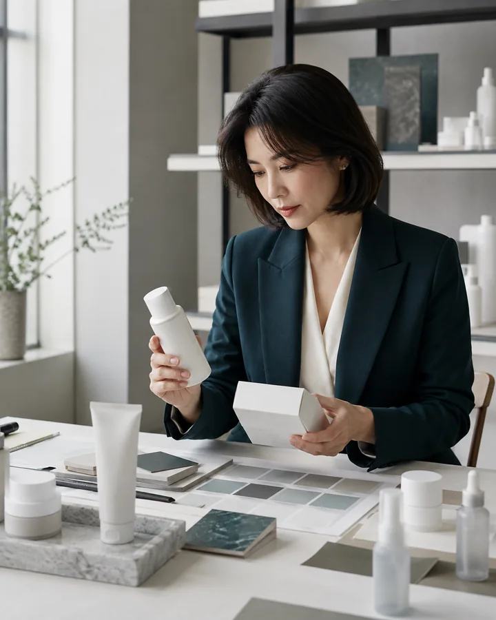 Beauty brand professional reviewing product and packaging samples
