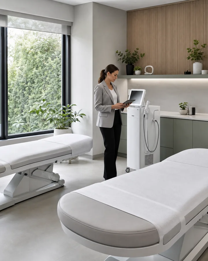Clinic manager reviewing a professional treatment room