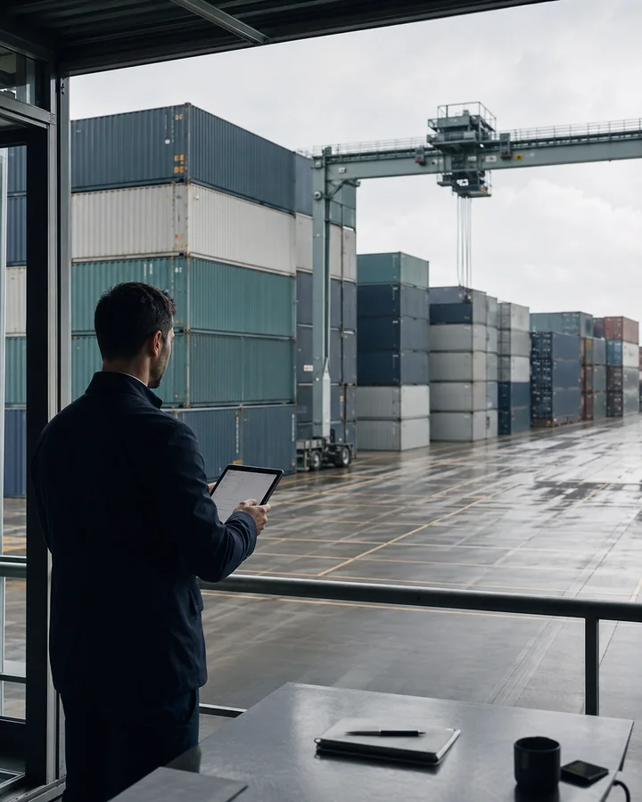 Importer reviewing logistics at a container terminal