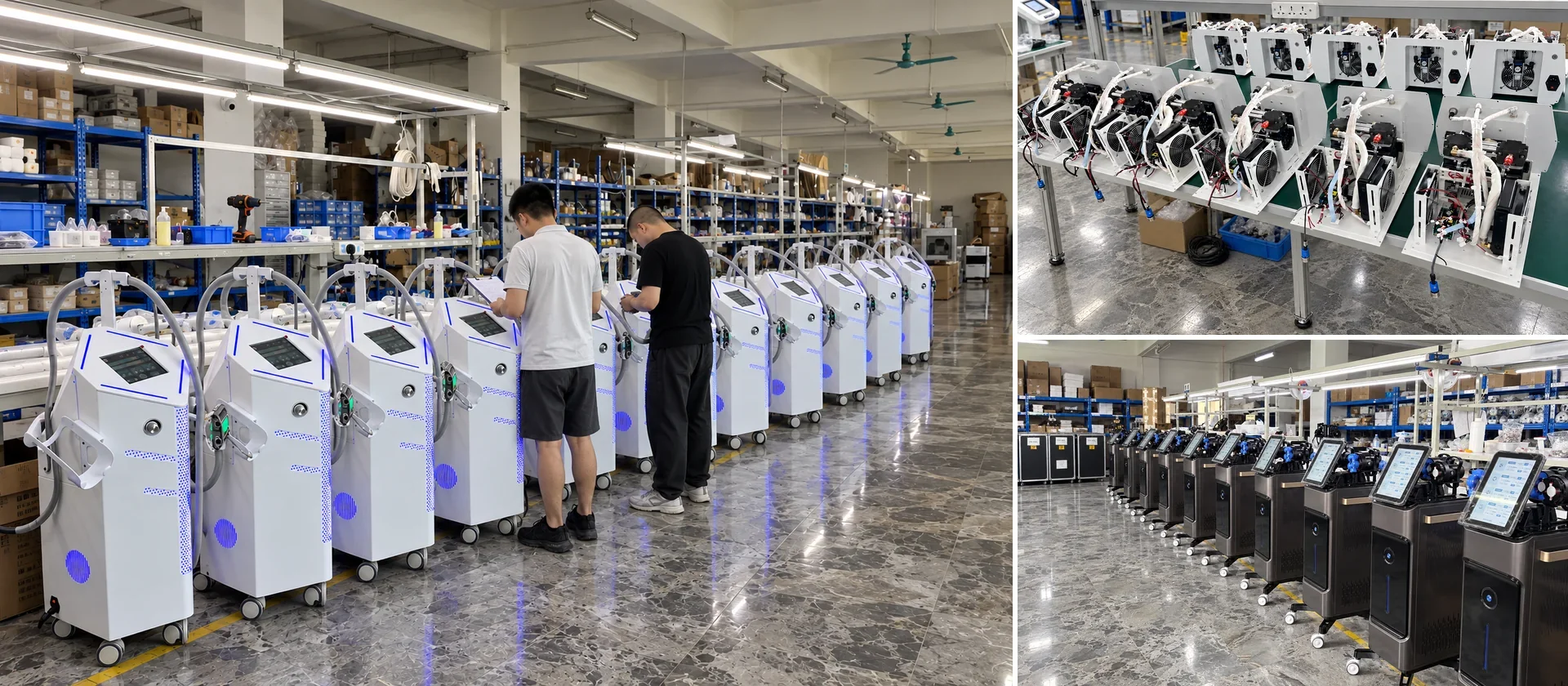 Technicians inspecting aesthetic devices alongside assembly and finished production equipment