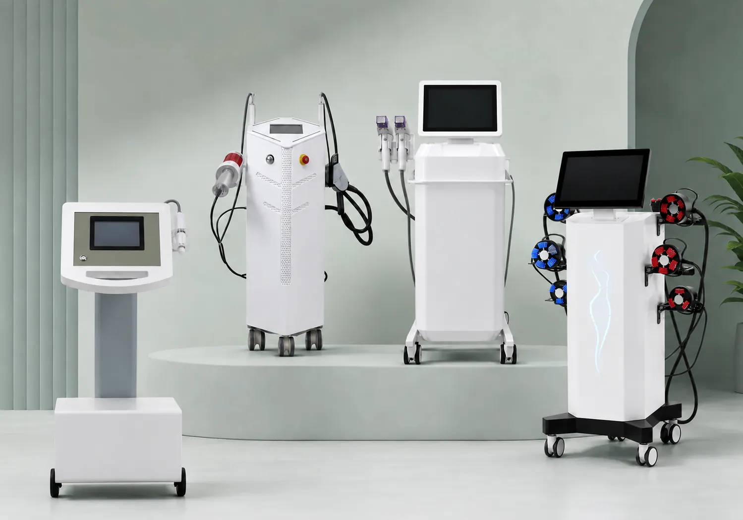 Four professional aesthetic devices presented together for distributor partnership