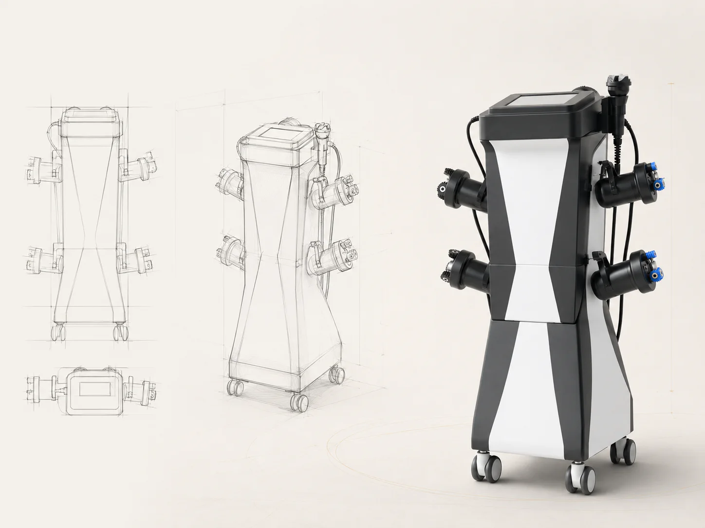 Concept visualization of an aesthetic device moving from technical sketches to a finished product