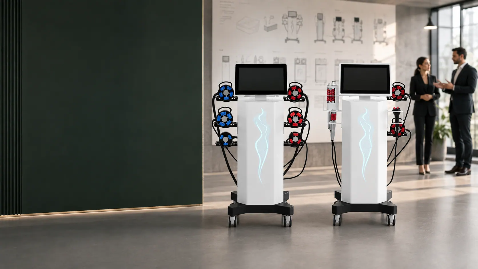 Two professional aesthetic devices presented during a product portfolio discussion