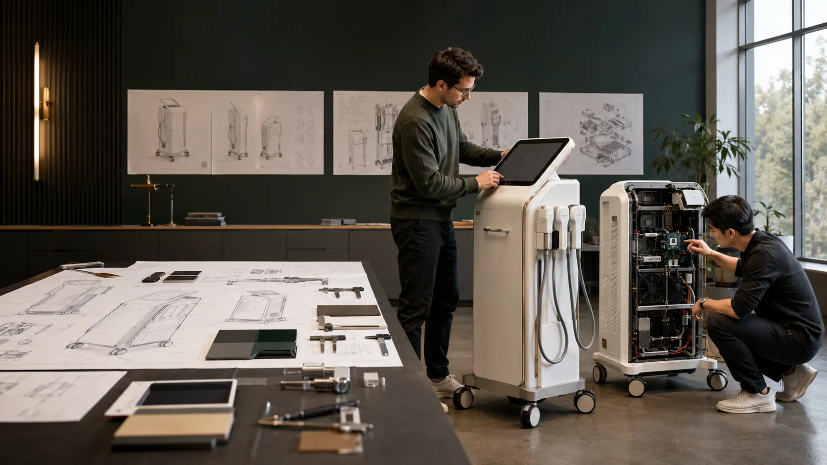 Industrial designers reviewing a floor-standing aesthetic device and its engineering prototype